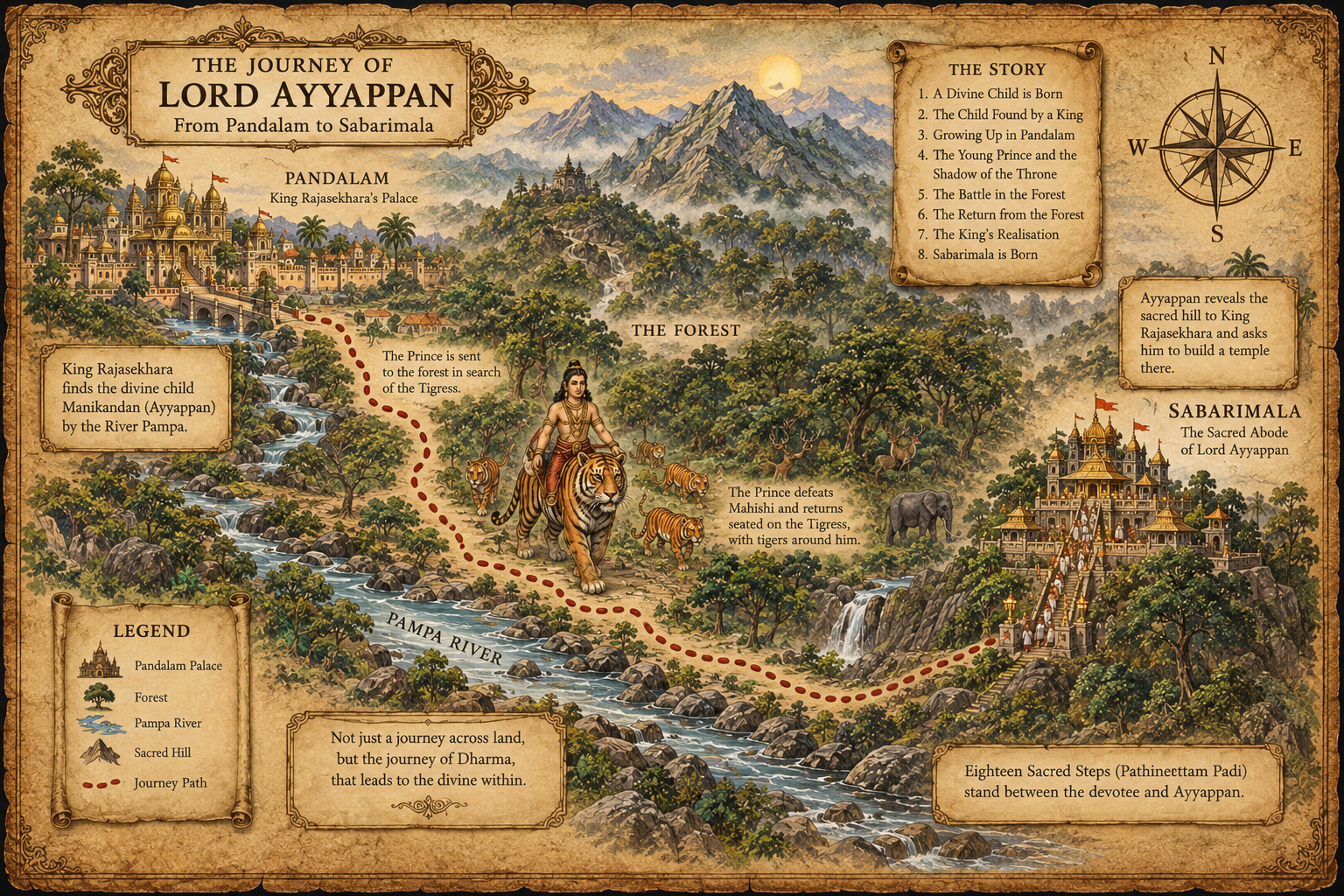 The journey of Lord Ayyappan — from Pandalam, through the forest, to Sabarimala.